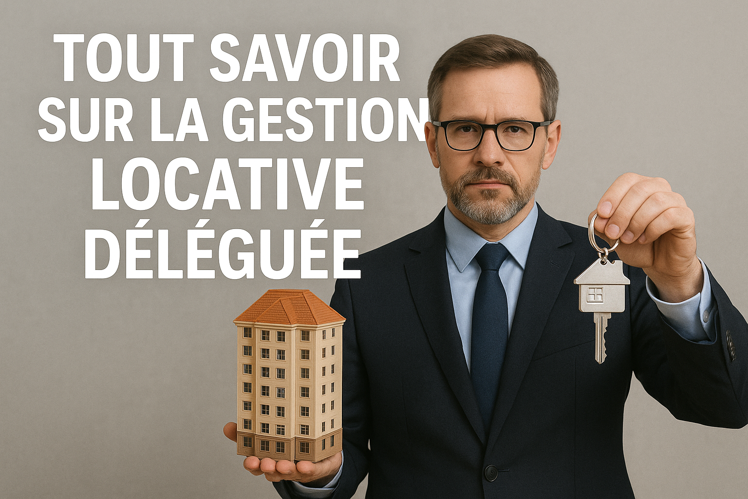 Homme en costume qui tiens des clés et un immeuble taille miniature